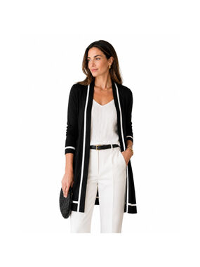 Women’s Kasper Long Sleeve Open Cardigan – Black with White Accents –Size L–NWT